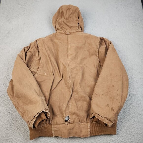 VTG Canvas Jacket Men's XLT Hooded Duck Brown Quilt Lined Workwear Logo THRASHED - Picture 2 of 16